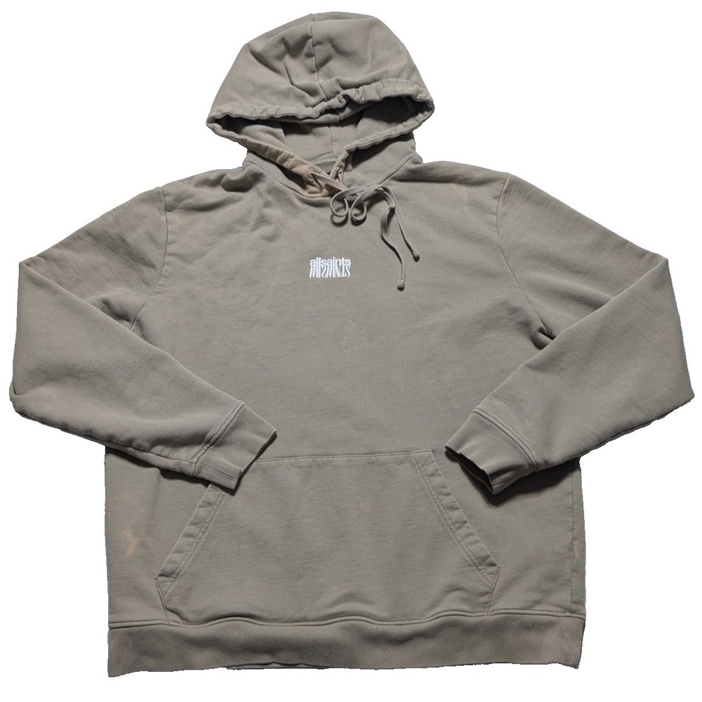 ALL SAINTS REFRACT Organic Cotton Taupe Pullover Hoodie - Men Medium READ Bleach
